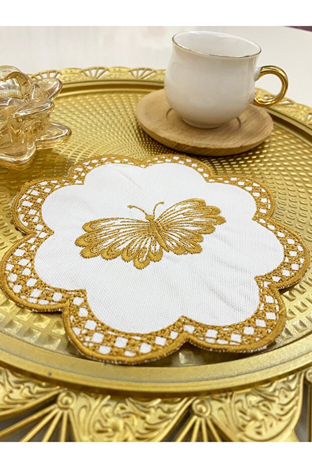 6 Pieces Cross Stitch Butterfly Embroidered Linen Presentation Napkin & Coaster