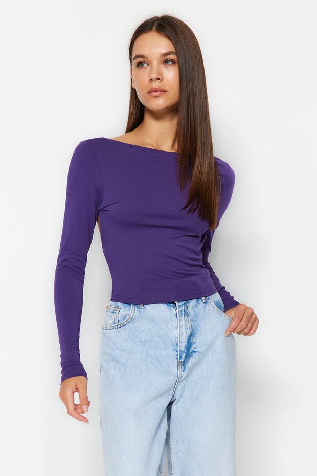 Mor Derin Sırt Dekolteli Fitted/Vücuda Oturan Pamuklu Esnek Örme Bluz TWOAW24BZ00173 - 4