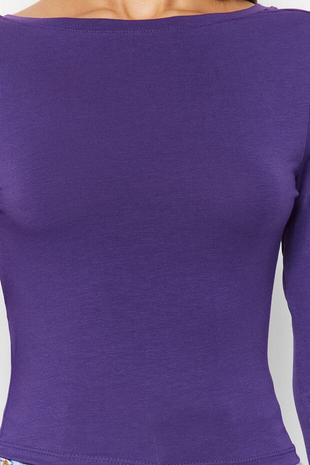 Mor Derin Sırt Dekolteli Fitted/Vücuda Oturan Pamuklu Esnek Örme Bluz TWOAW24BZ00173 - 6