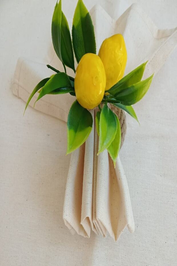 6 Adet Çift Limonlu Hasır Halatlı Bohem Peçete Yüzüğü - 3