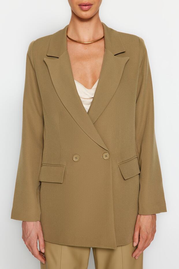 Açık Haki Regular Astarlı Kruvaze Kapama Dokuma Blazer Ceket TWOSS20CE0059 - 5
