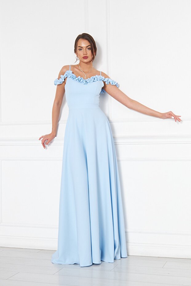 Baby Blue Ruffle Collar Detail Adjustable Strap Woven Fabric Maxi Flared Evening Dress