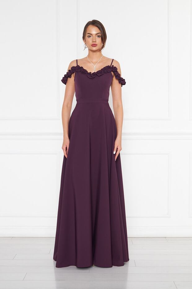 Plum Ruffle Collar Detail Adjustable Straps Woven Fabric Maxi Flared Evening Dress