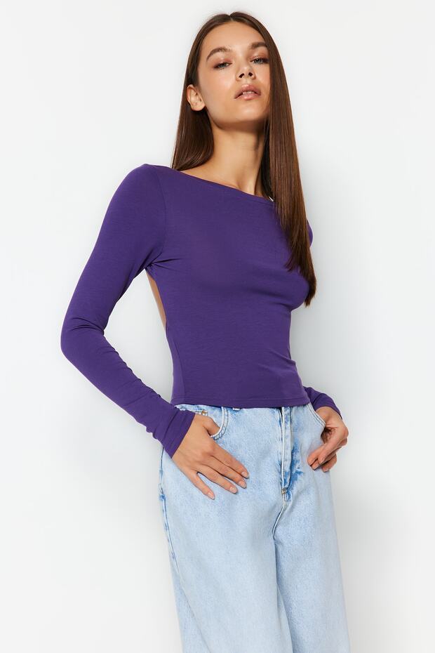 Mor Derin Sırt Dekolteli Fitted/Vücuda Oturan Pamuklu Esnek Örme Bluz TWOAW24BZ00173 - 5