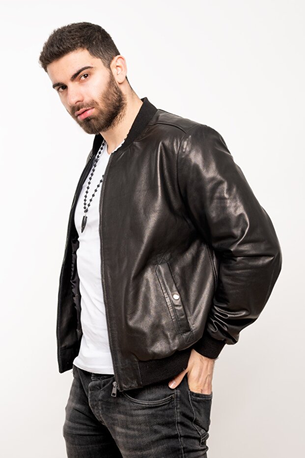 Erkek Siyah Hakiki Deri Basic Bomber Ceket - 2