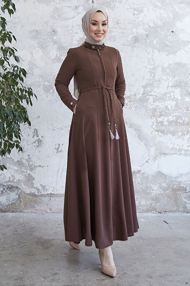 Sivya Collar Button Sash Braided Robe - Brown