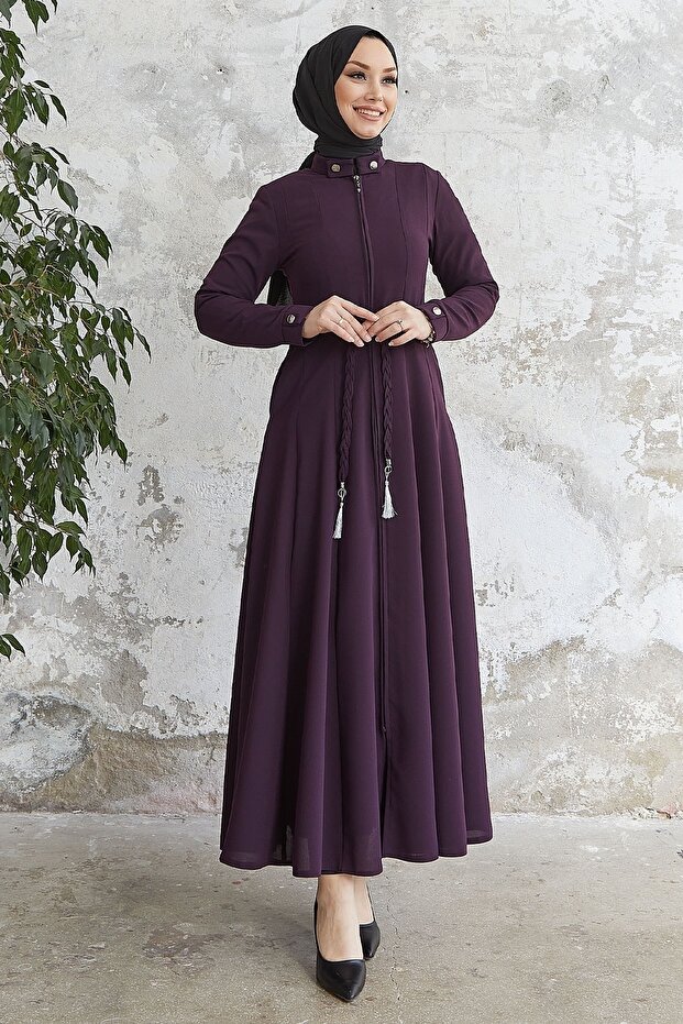 Sivya Collar Button Sash Knitted Abaya - Plum