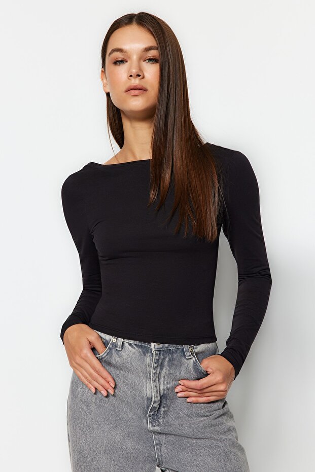 Siyah Derin Sırt Dekolteli Fitted/Vücuda Oturan Pamuklu Esnek Örme Bluz TWOAW24BZ00173 - 4