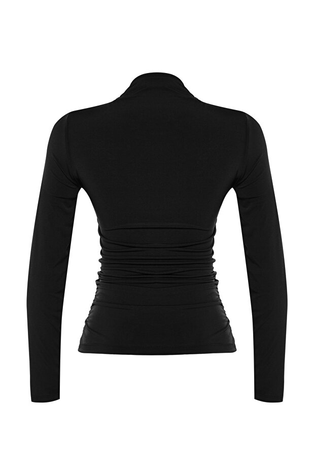 Siyah Büzgü Detaylı Dik Yaka Fitted/Vücuda Uzun Kol Oturan Esnek Örme Bluz TWOAW24BZ00018 - 8