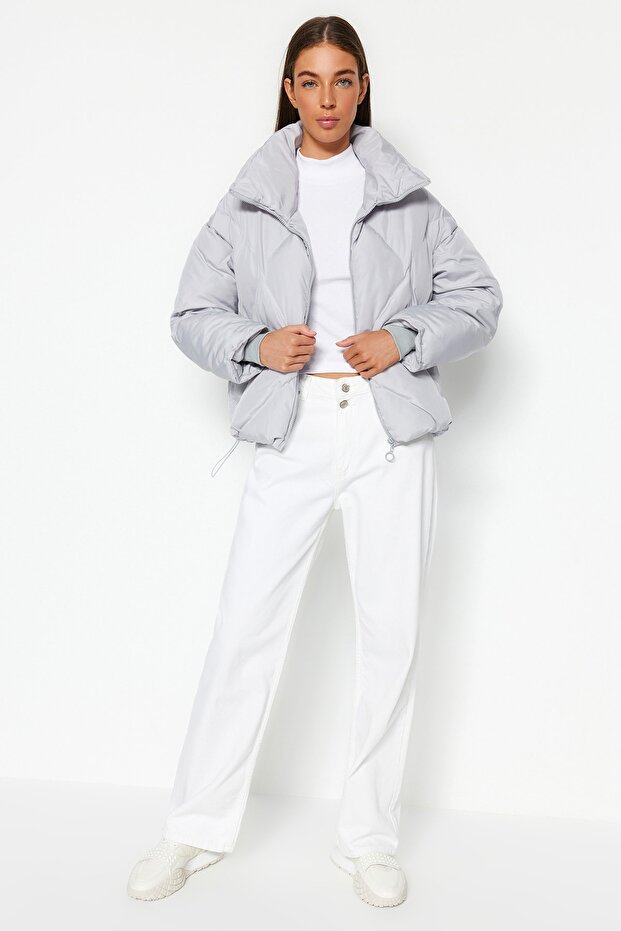 Gri Oversize Kalıp Su İtici Şişme Kapitone Mont TWOAW24MO00146 - 5