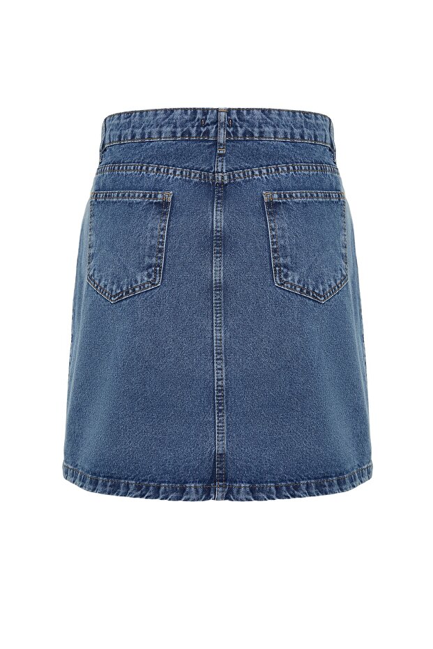 Mavi Çift Yırtmaçlı A line Comofrt/Orta Esnek BüyüK Beden Denim Etek TBBSS23AZ00056 - 8