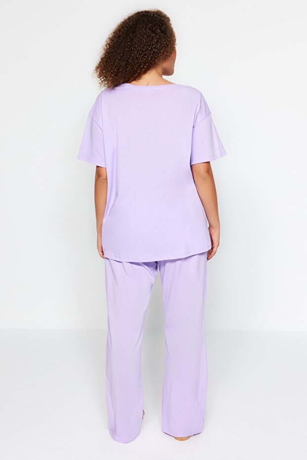 Lila Baskılı Cep Detaylı Örme Pijama Takımı TBBAW24AI00004 - 6