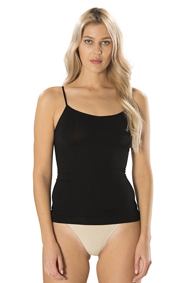 Women's Knitted Seamless Undershirt with Body-Fitting Corset and Rope Straps – Casual and Sports Use - Black 2010