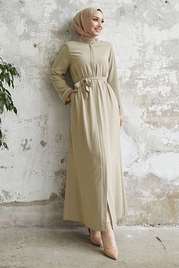 Salvia Casual Sleeve Piping Patterned Abaya - Stone