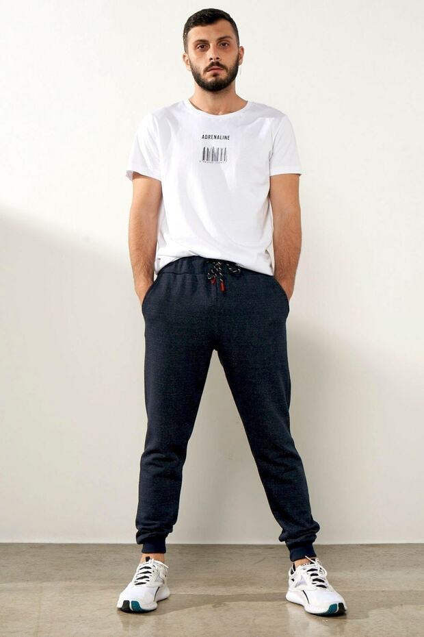 Men's Navy Blue Fleece Inside Slim Fit Elastic Leg Jogger Sweatpants