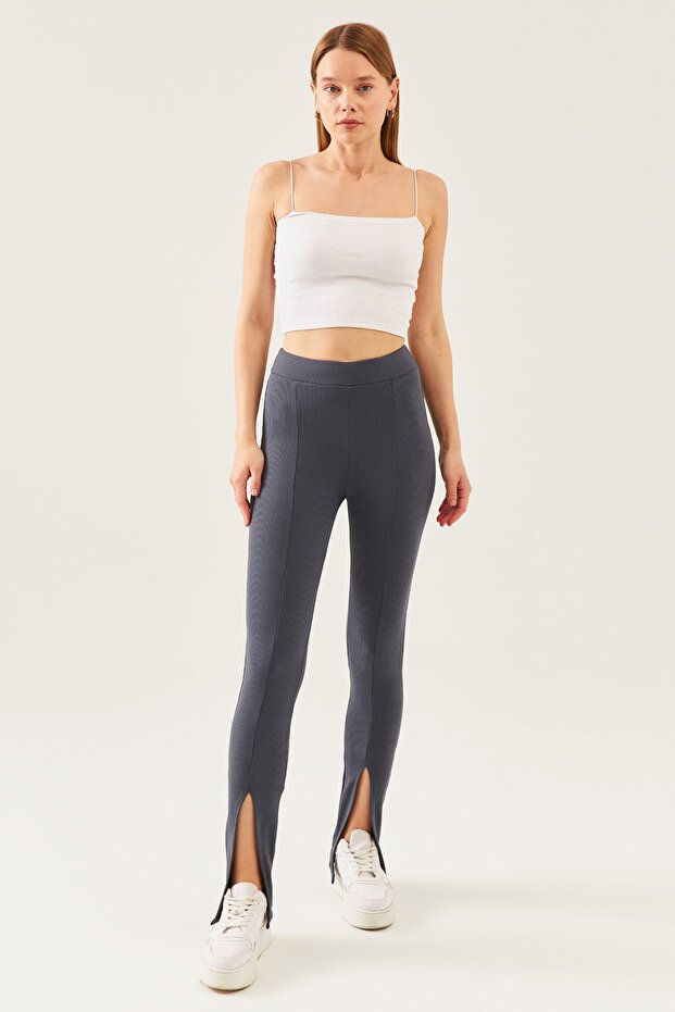 Women's Anthracite High Waist Slit Ribbed Tights