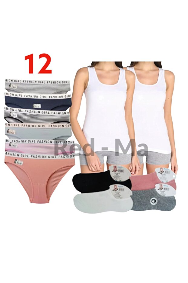 12'li Paket, 6 Adet Tutku Çok Renkli Külot, 2 Adet Geniş Askılı Elastan Atlet, 4 Adet Çorap - 1