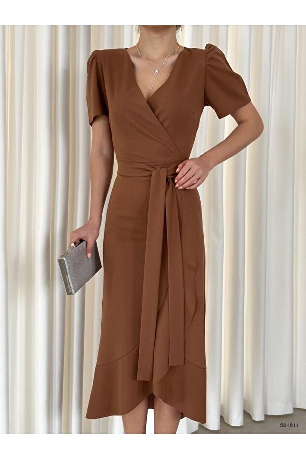 Women's Tile Crepe Fabric Midi Length Belted Graduation Wedding Wedding Dress