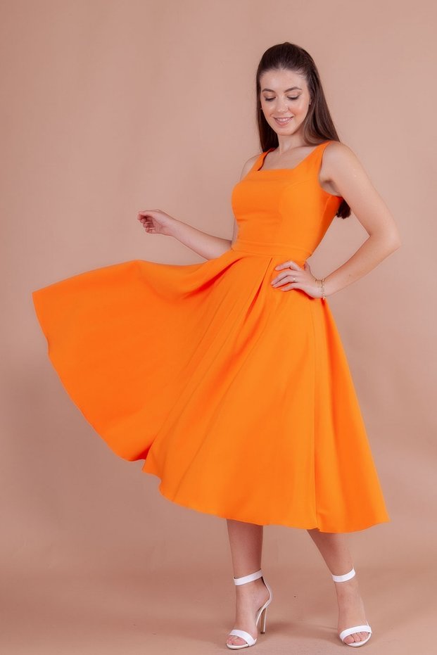Orange Square Collar Thick Strap Midi Dress