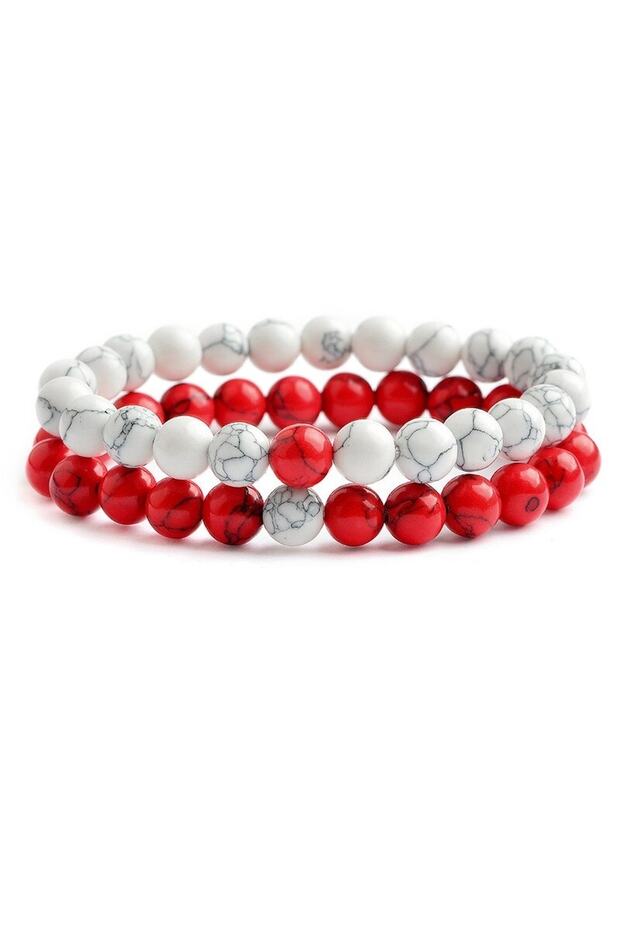 Red-white Howlite Double Natural Stone Bracelet Set
