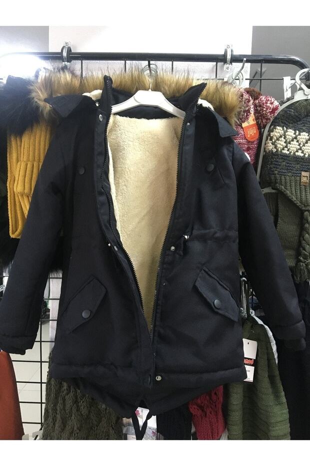 Unisex Children's Winter Canvas Fabric Drawstring Above Knee Fur Hooded Coat