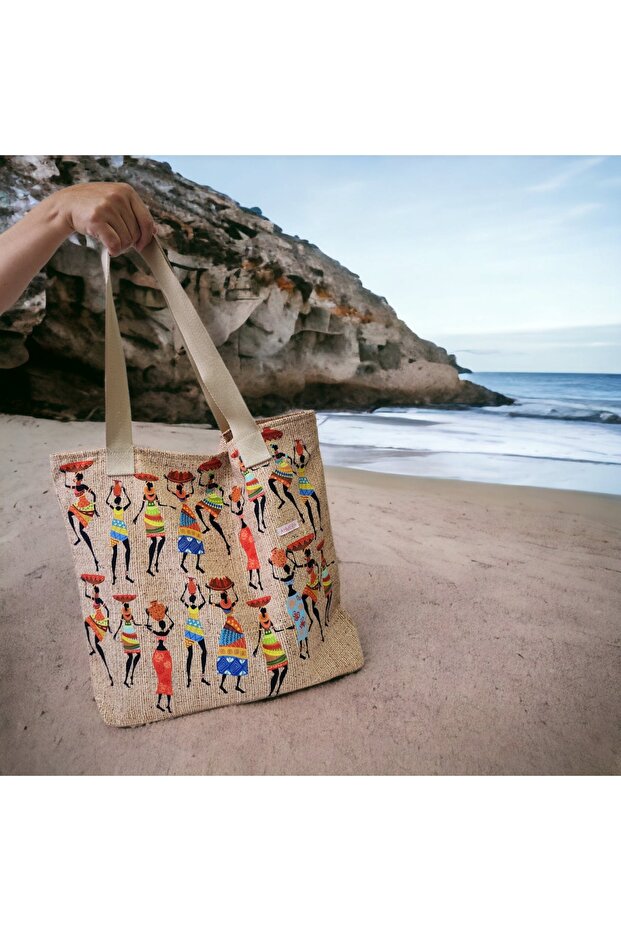 Women's Jute Fabric Printed Zippered Multi-Purpose Bag