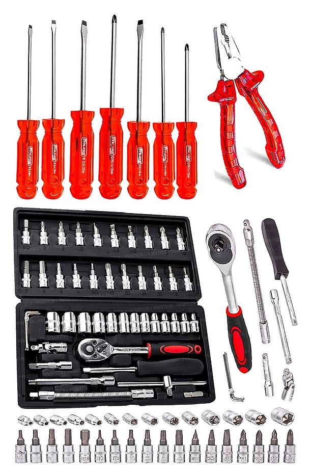 Asetat saplı 7parça Pro Tornavida Takım 46Parça Cırcır Lokma Takımı Otomatik Cırcırlı 1/4" Paket Set - 1