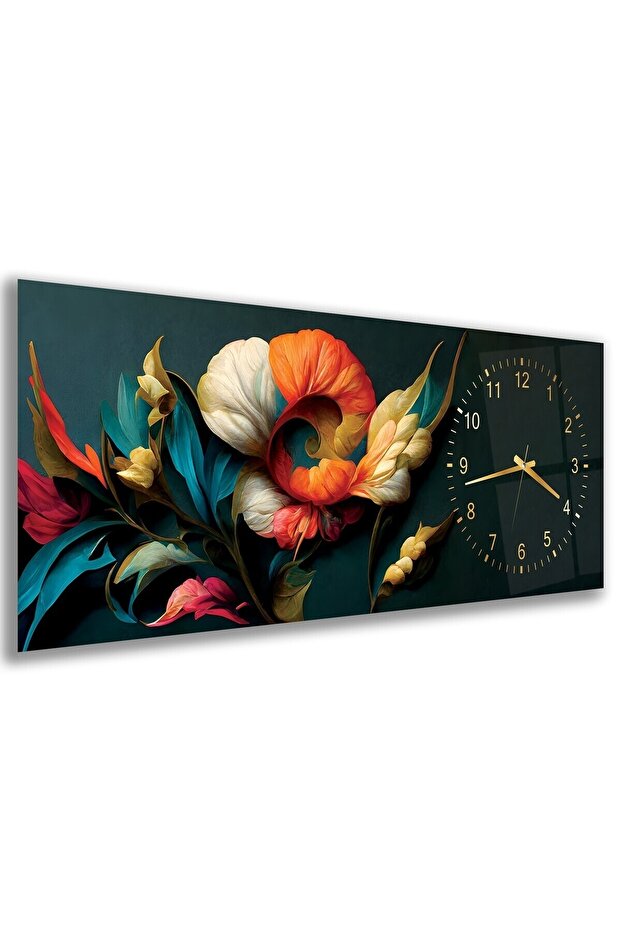 Saatli 3D Çiçekler Cam Tablo - 2