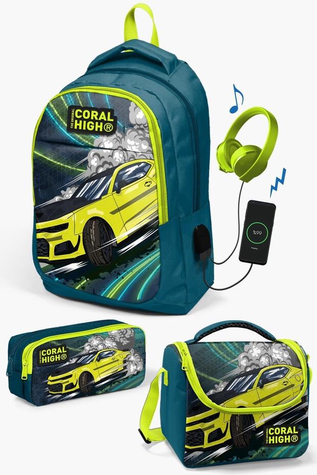 Kids Nephti Highlighting Yellow Car Patterned 3-Piece School Bag Set with USB SET0124319
