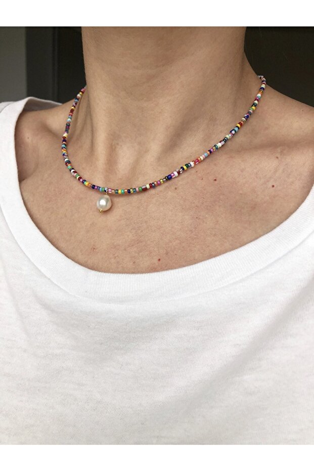 Colorful Bead Necklace with Real Pearls