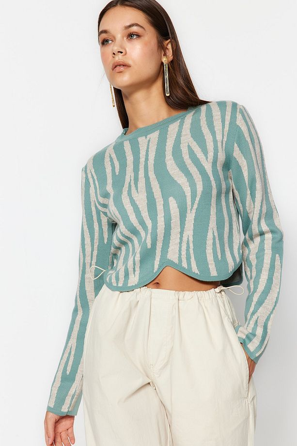 Mint Crop Zebra Desenli Renk Bloklu Triko Kazak TWOAW24KZ00694 - 3