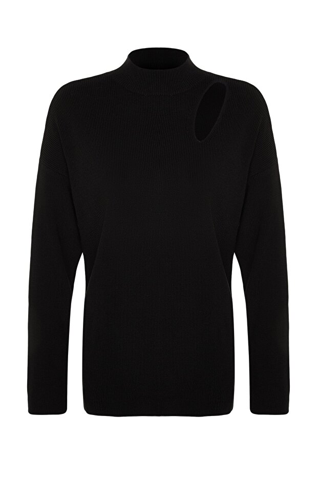 Czarny sweter z dzianiny o szerokim kroju z okienkiem/wycięciem TWOAW24KZ00342 - 7