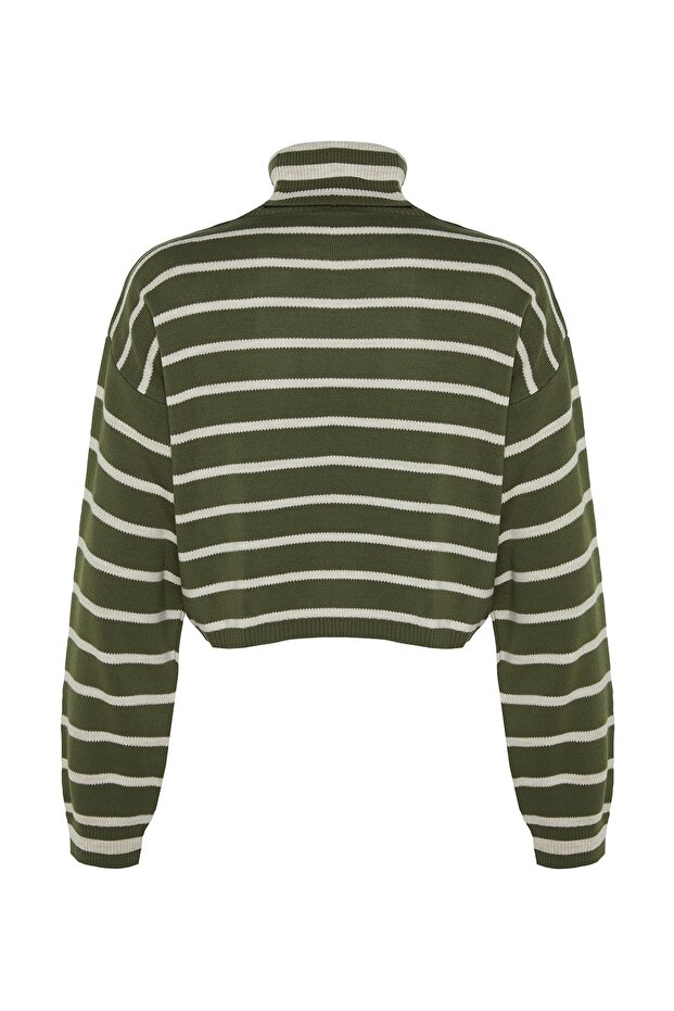 Haki Çizgili Crop Triko Kazak TWOAW24KZ00627 - 8