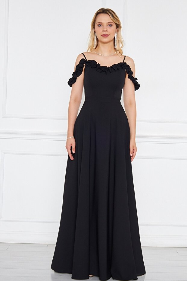 Atlas Fabric Adjustable Strap Ruffle Detailed Collar Pleated Flared Maxi Black Evening Dress 421