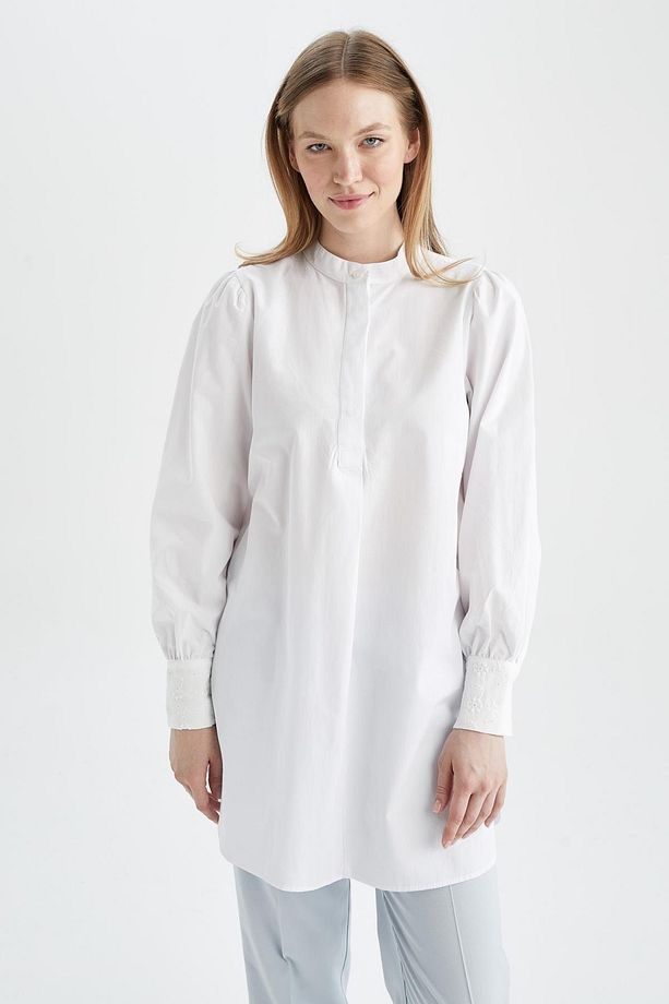 Regular Fit Dik Yaka Uzun Kollu Poplin %100 Pamuk Tunik - 5