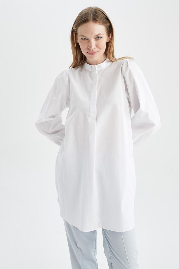 Regular Fit Dik Yaka Uzun Kollu Poplin %100 Pamuk Tunik - 6