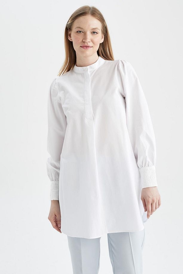Regular Fit Dik Yaka Uzun Kollu Poplin %100 Pamuk Tunik - 8