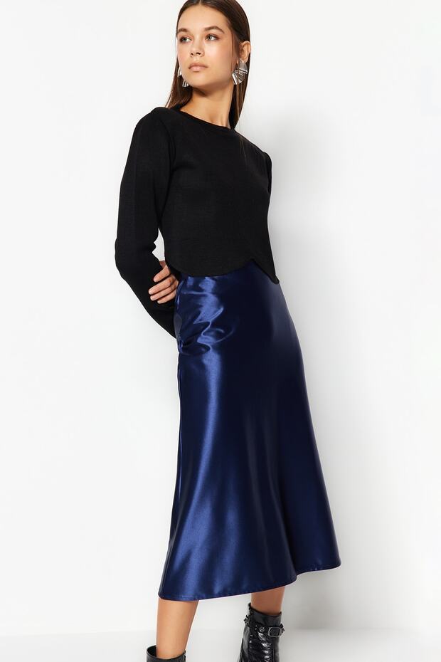 Indigo Saten A Kesim/Çan Form Midi Örme Etek TWOAW24ET00088 - 8