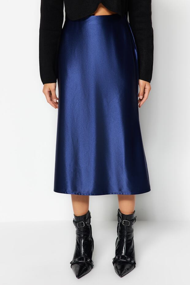 Indigo Saten A Kesim/Çan Form Midi Örme Etek TWOAW24ET00088 - 11