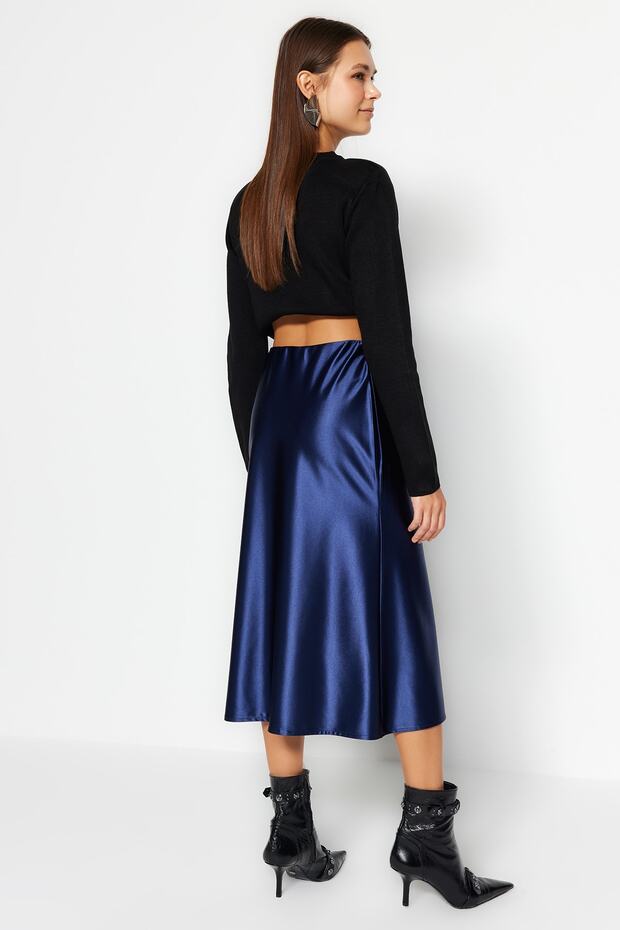 Indigo Saten A Kesim/Çan Form Midi Örme Etek TWOAW24ET00088 - 13