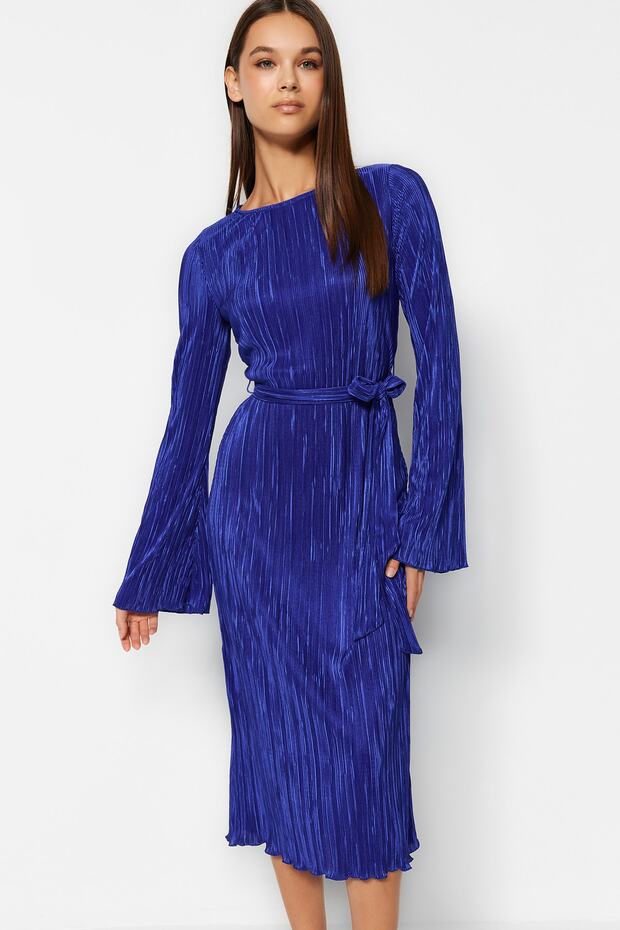 Navy Blue Pleated Fabric Flare Sleeve Detail A-Line Midi Knit Dress TWOAW24EL00125