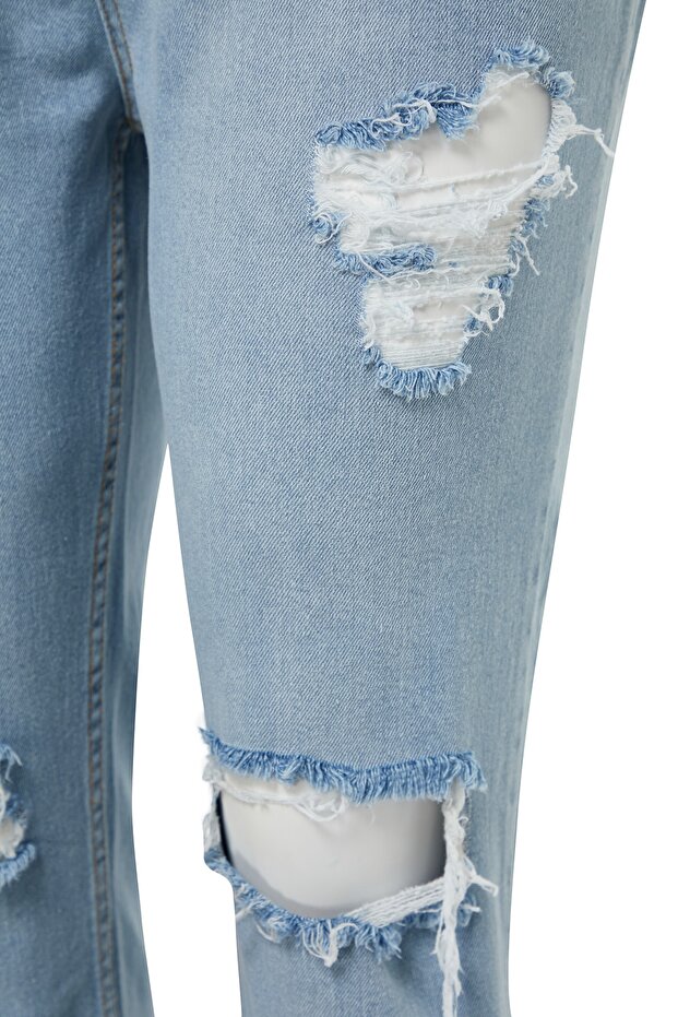 Açık Mavi Yüksek Bel Yırtık Detaylı Esnek Büyük Beden Skinny Jeans TBBSS22JE0187 - 7