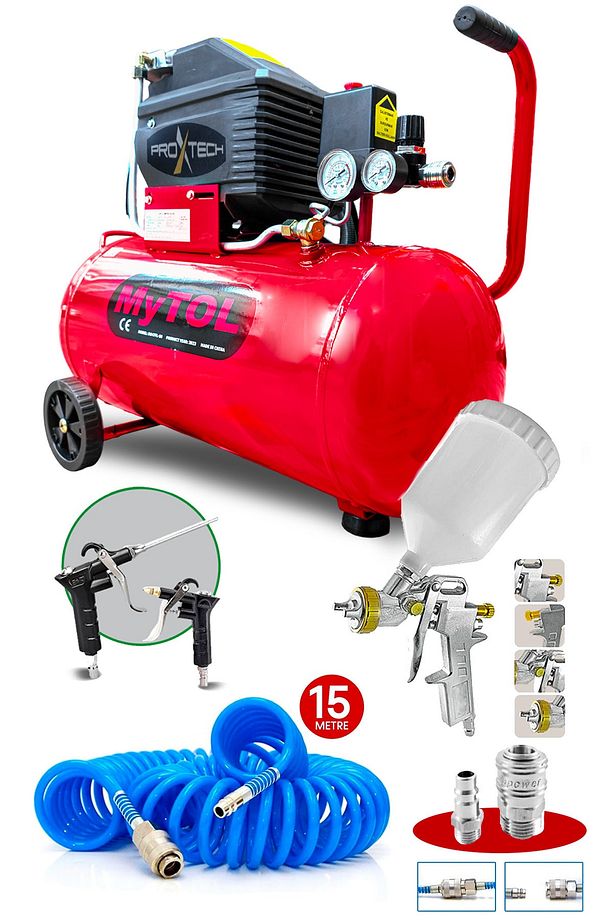 En Çok Tercih Edilen 2HP 50 Litre 8Bar Hava Kompresörü Boya Tabancası ,15Mt Spiral Hortum Boya Set - 1