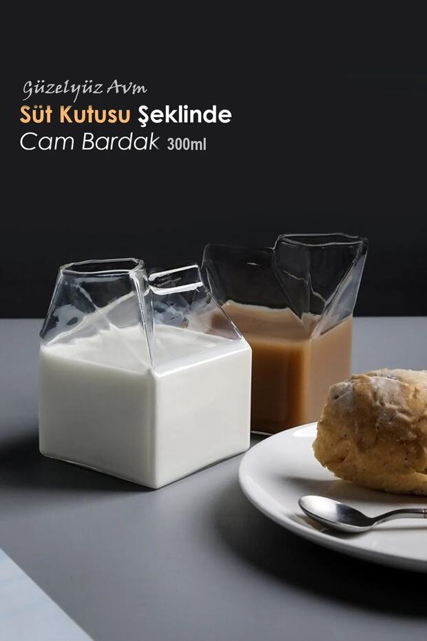 Süt Kutusu Şeklinde Isıya Dayanıklı Borosilikat Bardak Kahve Sunum Bardağı 300ml Efsane Kare Bardak - 1