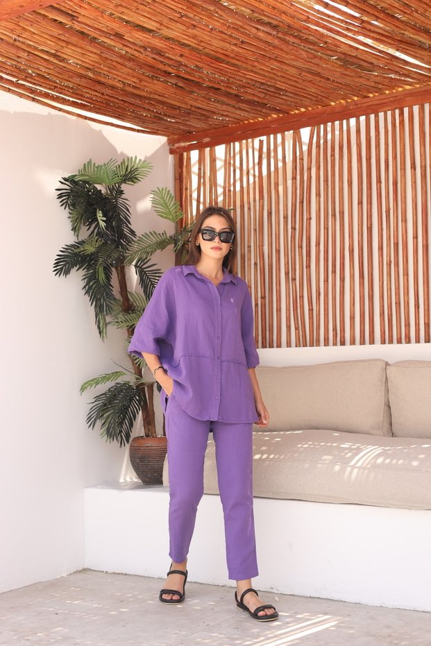 Purple Raw Linen Shirt Trousers Women's Suit