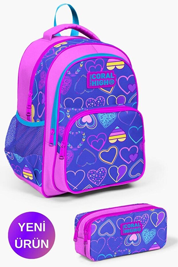Kids Light Pink Lavender Heart Patterned 2-Piece School Bag Set GOSET0223401