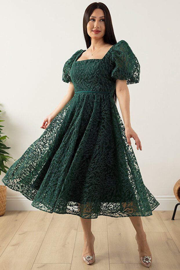 Kare Yaka Simli Tül Elbise 1491 - 1