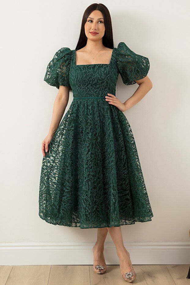 Kare Yaka Simli Tül Elbise 1491 - 6