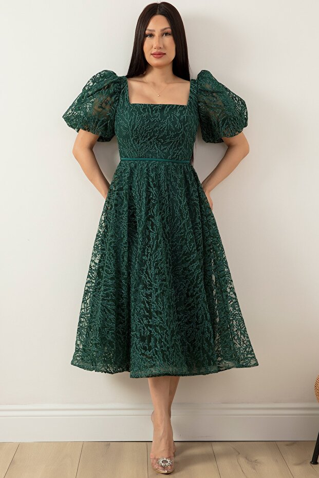 Kare Yaka Simli Tül Elbise 1491 - 7