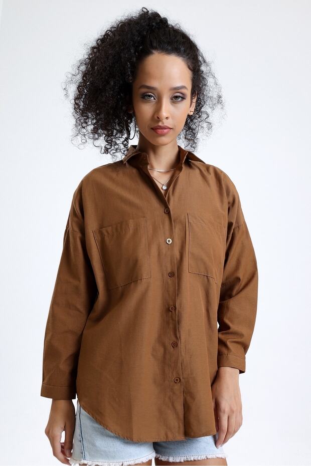 Kadın Kahve Cepli Oversize Uzun Basic Poplin Gömlek - 3